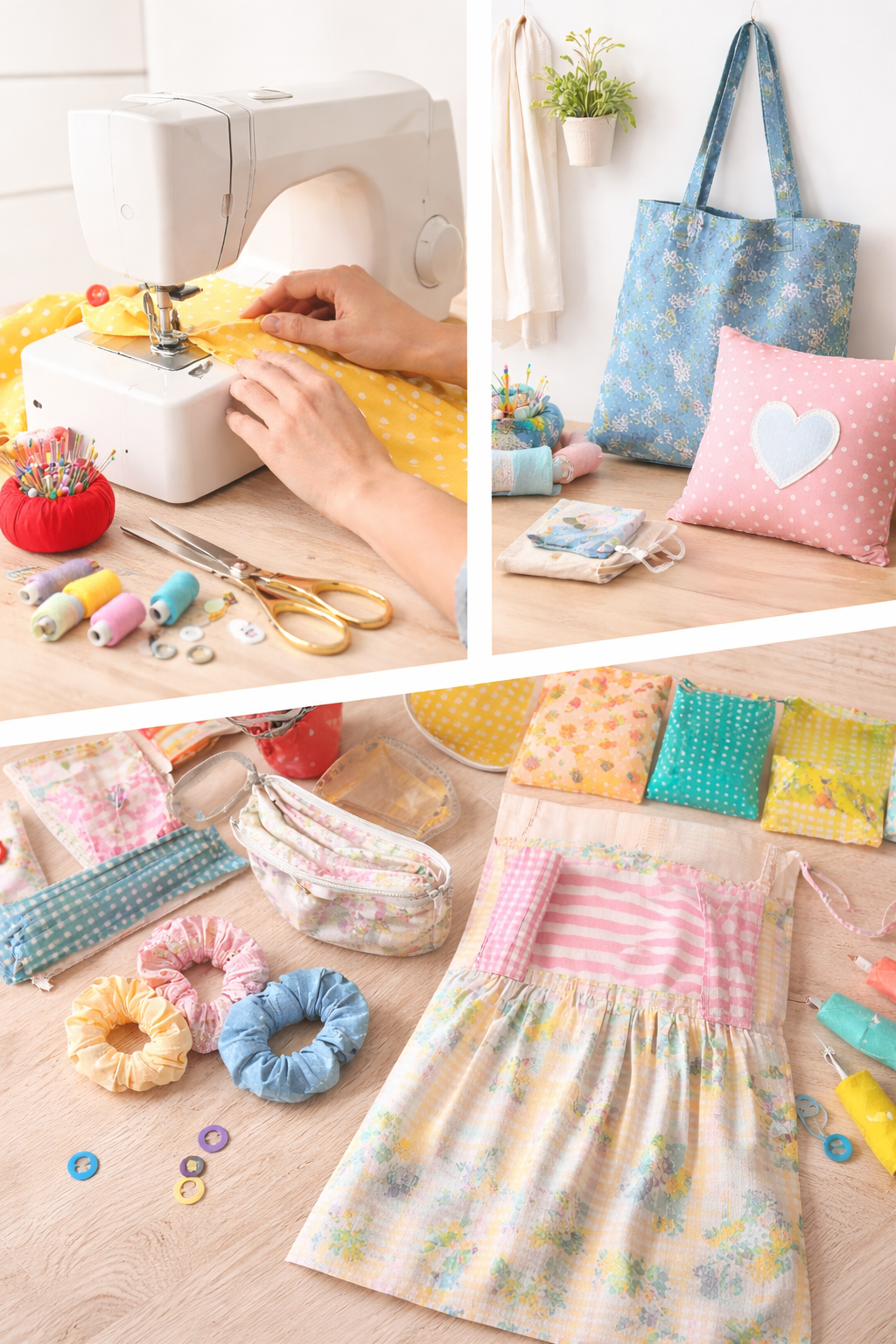 Beginner sewing projects collage with sewing machine and handmade items